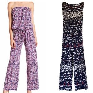 Tori Richard Honolulu Navy Blue Pink Ikat Strapless Knit Tie Waist Jumpsuit - XS